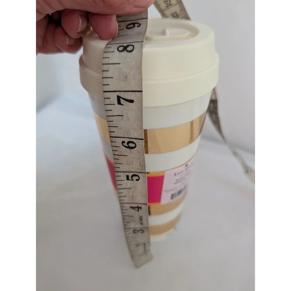 Kate Spade Striped Gold 16 oz Thermal Travel Mug Coffee Cup Hot Gold